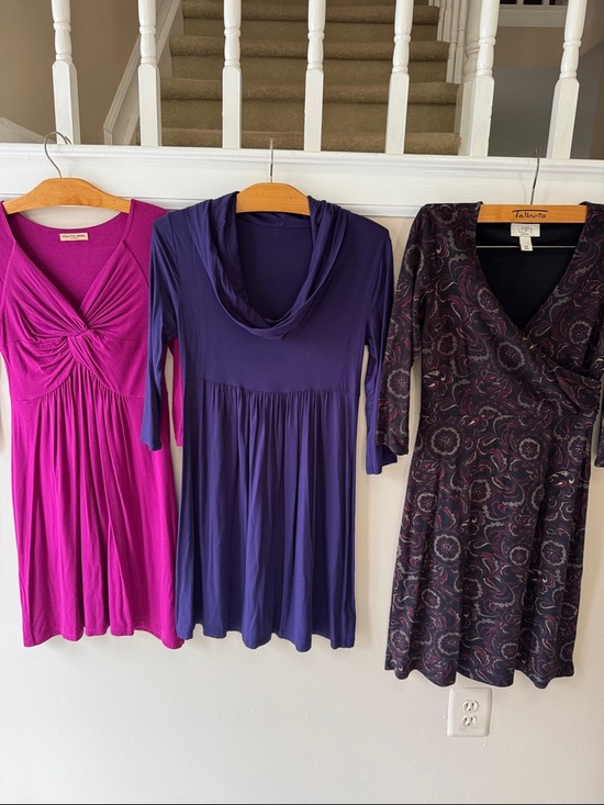 Dresses & Skirts - Bundle Of Three-Wrap & Fit Knit Dresses - Fuchsia, Purple, Patterned Black